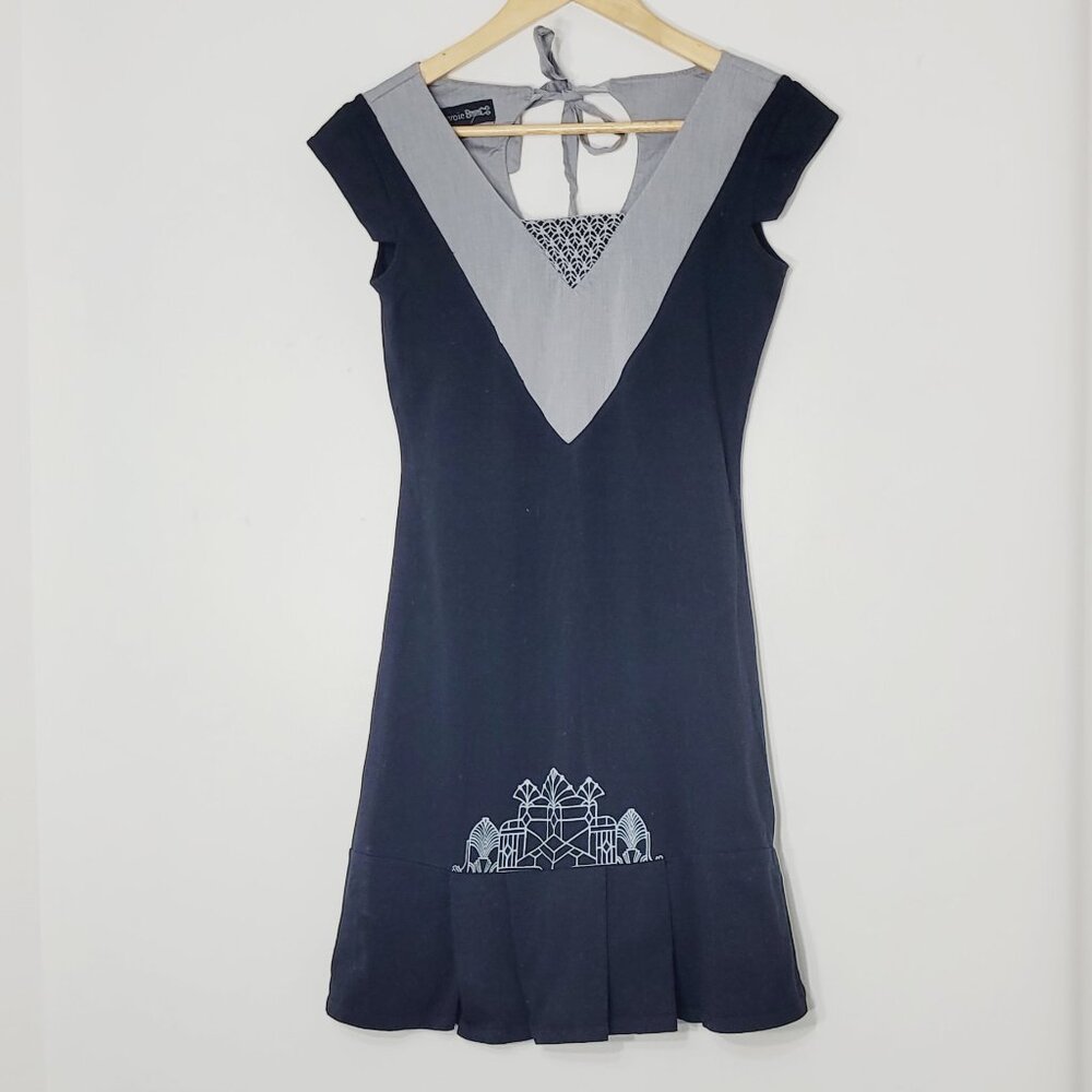 Eve Lavoie Women's Black Gray Cotton Blend Cap Sleeve Tie Back V-Neck Dress Sz M